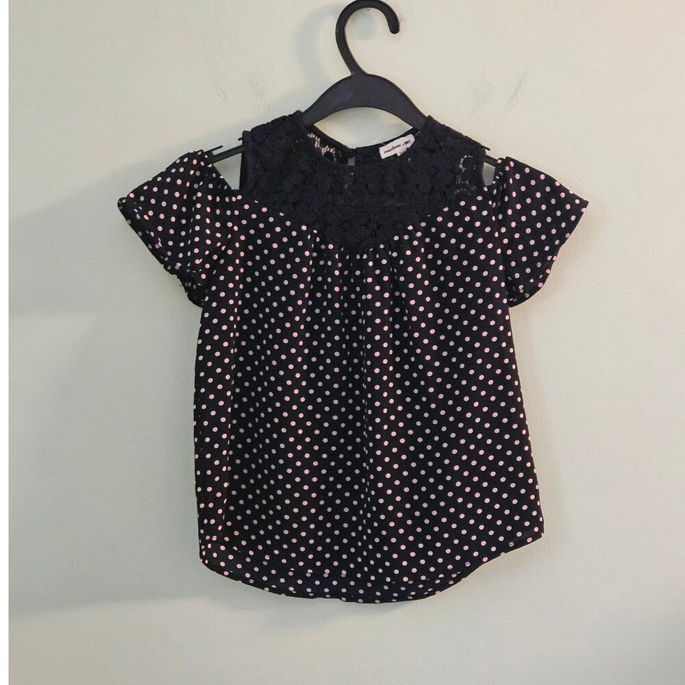 Monteau Girl Black White Polkadot Blouse w/ Lace Accent Size 8 Girl ~ Classic